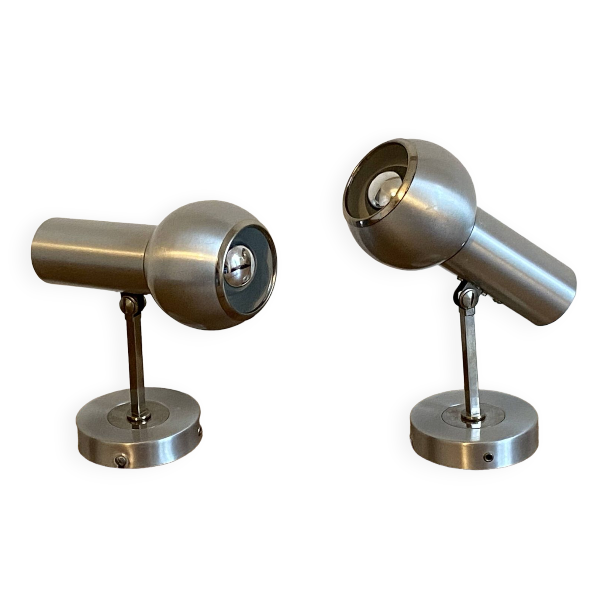 Pair of Eye Ball wall lights. 1970. Brushed stainless steel.