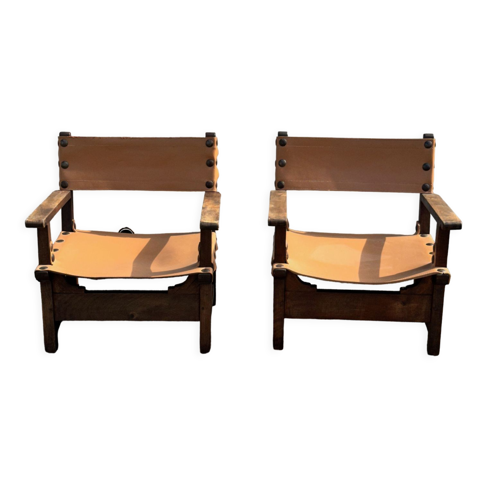 Brutalist armchair in wood and leather 60s