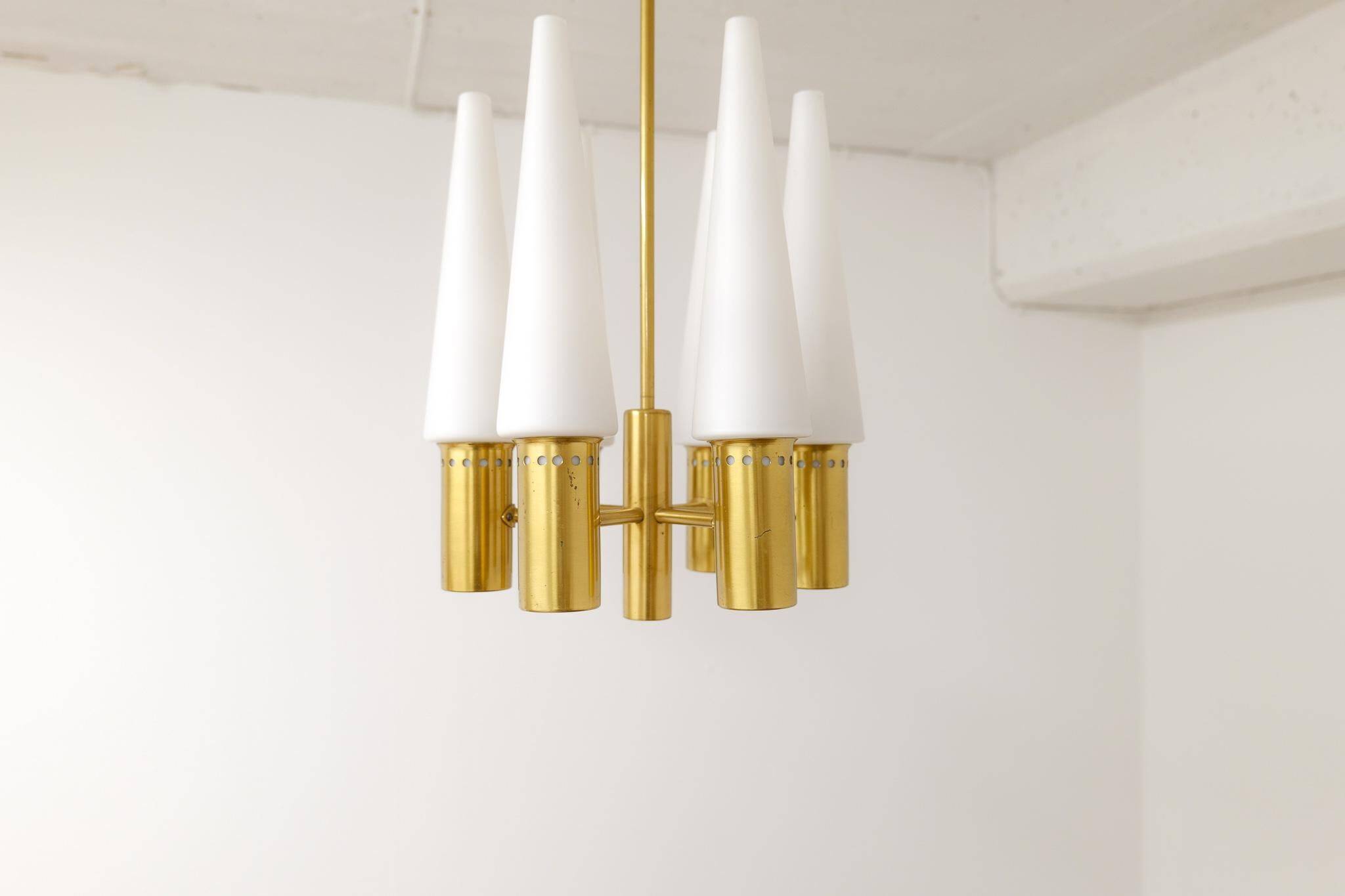 Midcentury brass and opaline ceiling lamp by Hans-Agne Jakobsson, Sweden, 1950s.