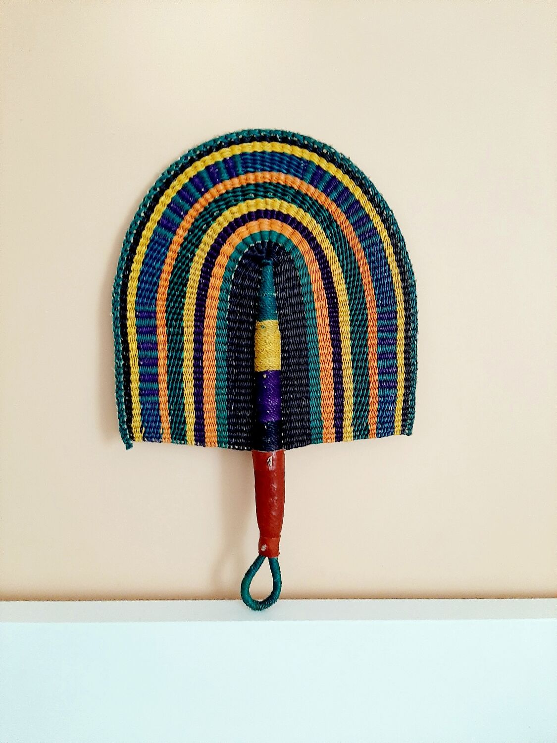 Bolga African fan, woven purple orange yellow green black