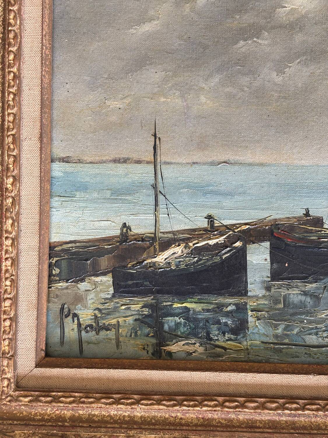 Oil on canvas - boats in the harbour, signed 1964