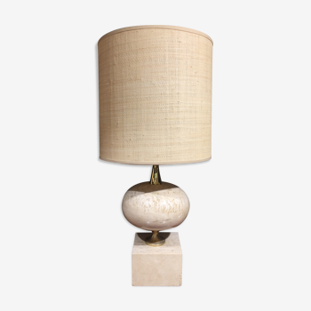 Lamp in travertine and gilded metal by Philippe Barbier with his custom-made lampshade