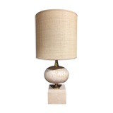 Travertine and gold metal lamp by Philippe Barbier with its custom-made lampshade