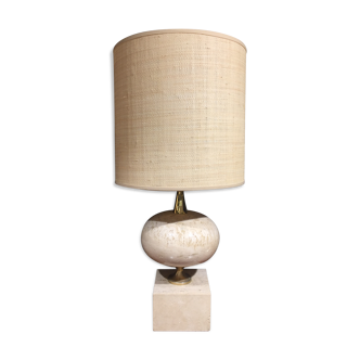 Travertine and gold metal lamp by Philippe Barbier with its custom-made lampshade