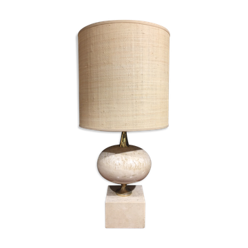 Lamp in travertine and gold metal by Philippe Barbier with its custom-made shade.