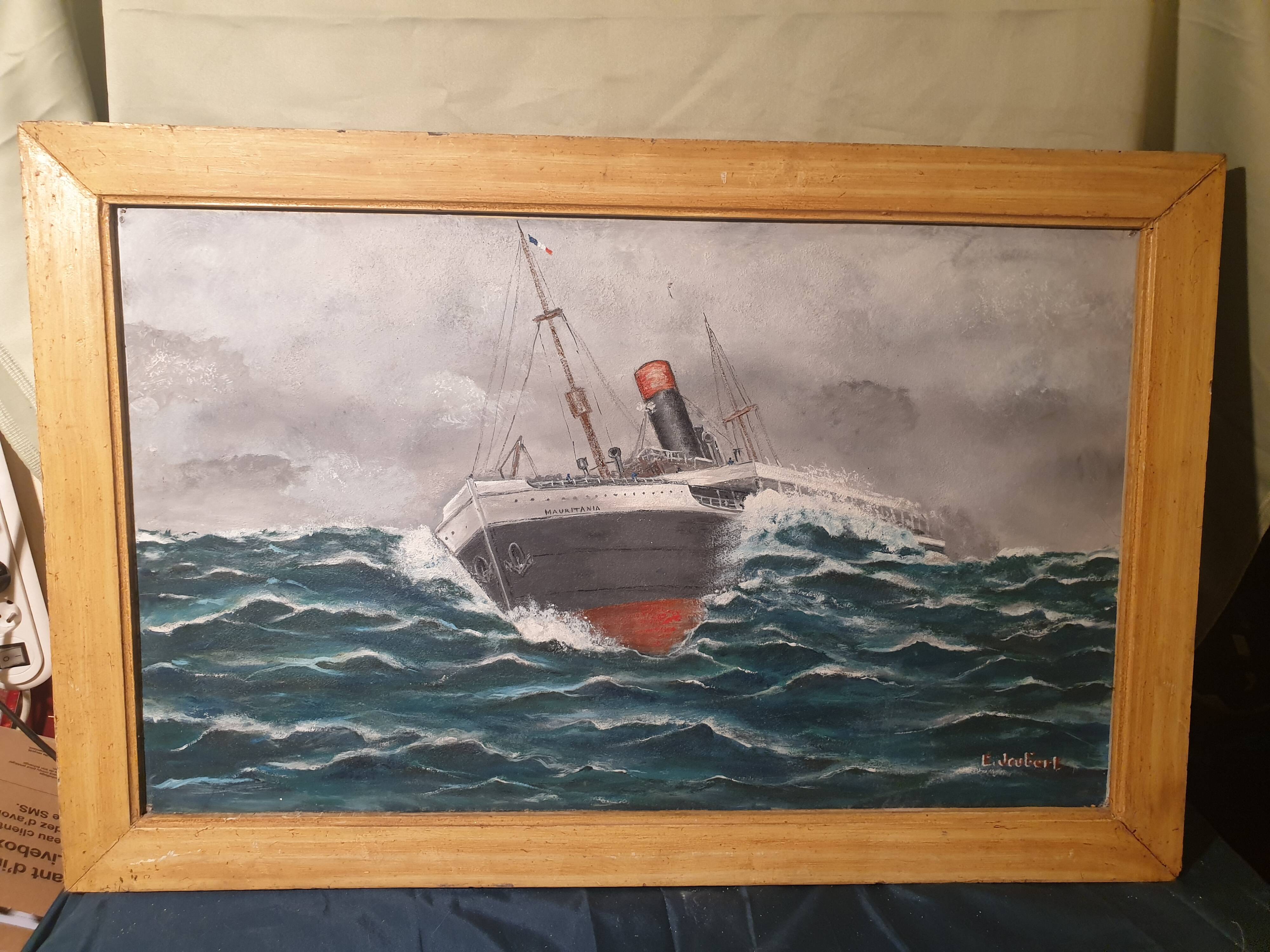 Grand tableau Huile sur isorel Paquebot Mauritania signé E Joubert