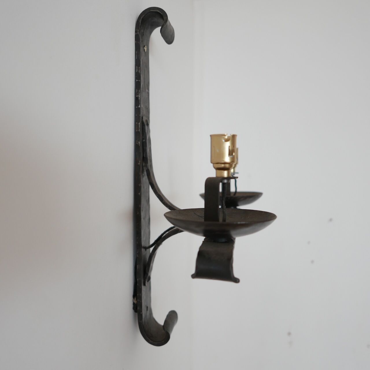 Brutalist iron mid-century french double arm wall light