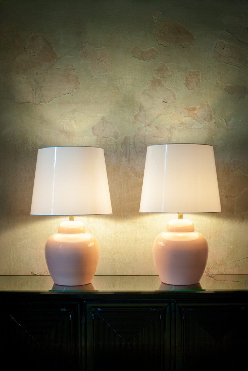 Pink ceramic lamps with methacrylate shades, 1980s, set of 2.