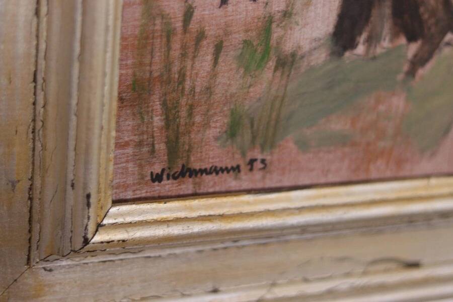Original mid-century Swedish oil on panel – “Tree Trunks” by Harry Wichmann – dated 1953 – vintage & framed – 69 × 71 cm