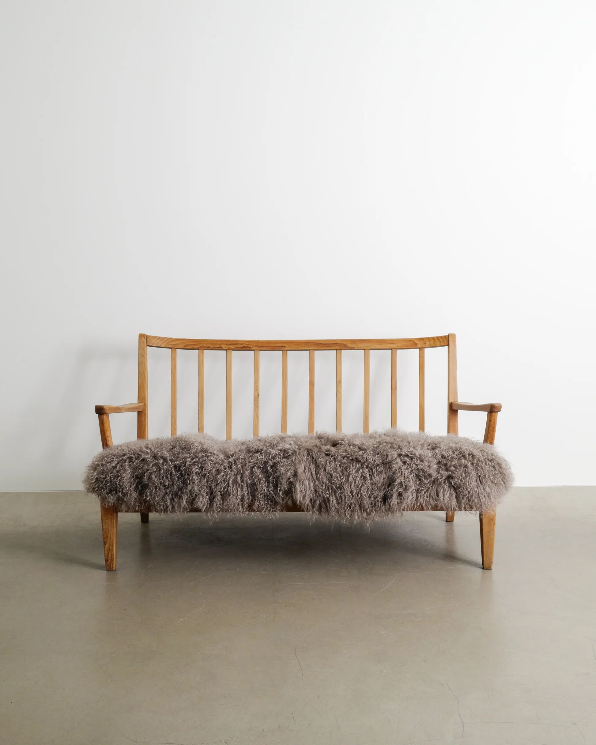 Early Swedish Modern Wooden Pine Sheepskin Sofa by Carl Malmsten, 1940s