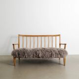 Early Swedish Modern Wooden Pine Sheepskin Sofa by Carl Malmsten, 1940s