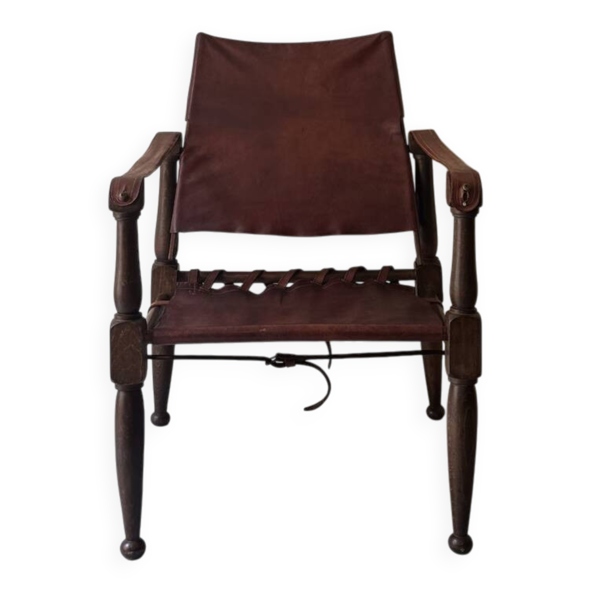 Scandinavian safari armchair in wood & burgundy leather upholstery 20th century