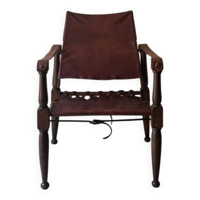 Fauteuil scandinave safari en bois & sellerie de cuir bordeaux XXeme siècle