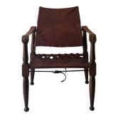 Scandinavian safari armchair in wood & burgundy leather upholstery 20th century
