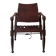 Scandinavian safari armchair in wood & burgundy leather upholstery 20th century