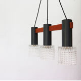 Hanging lamp from teak, steel, and glass