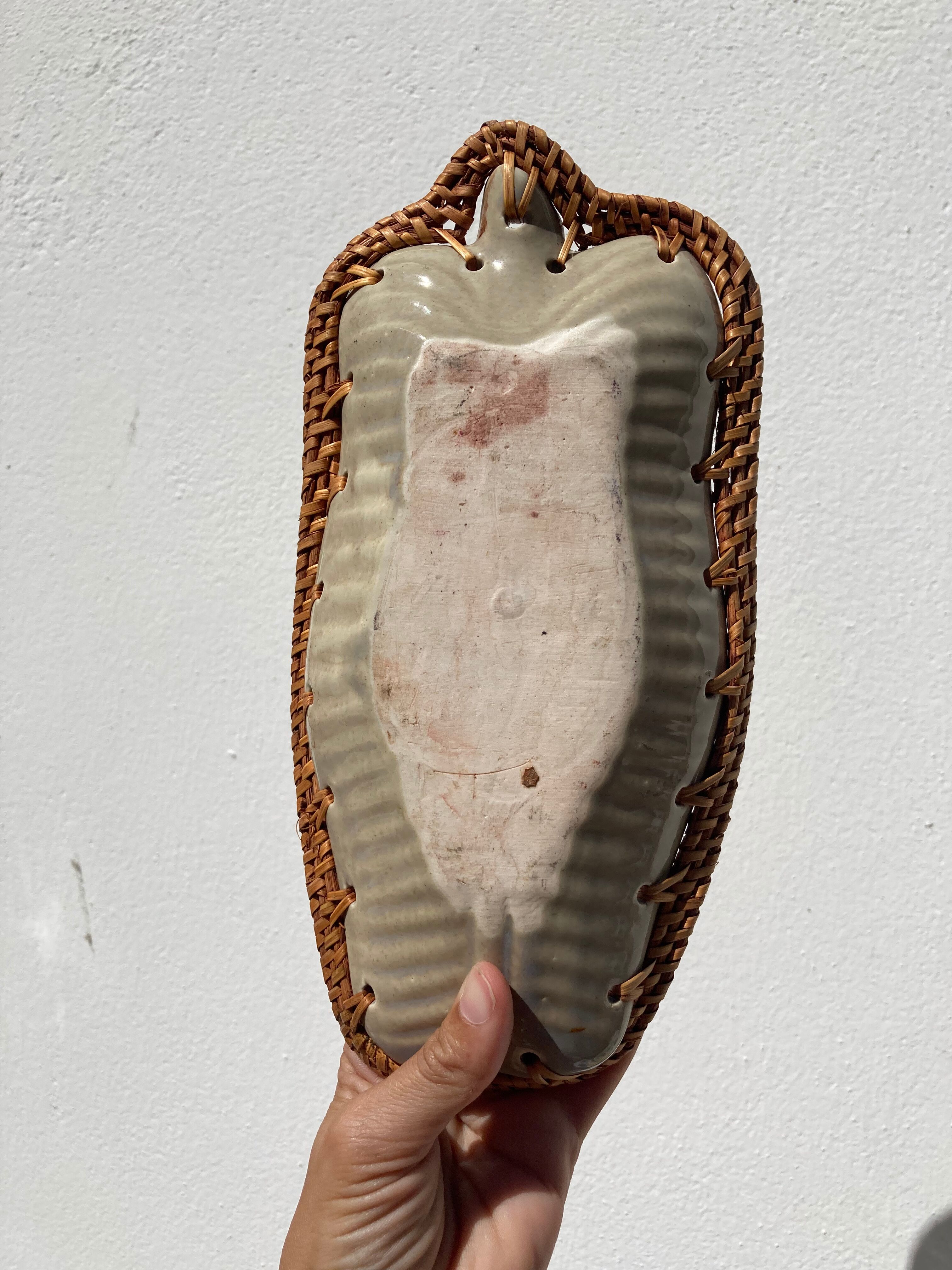Vide poche coupelle en grès et osier tressé vintage