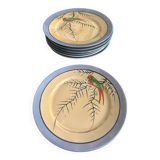 7 iridescent plates with bird decoration