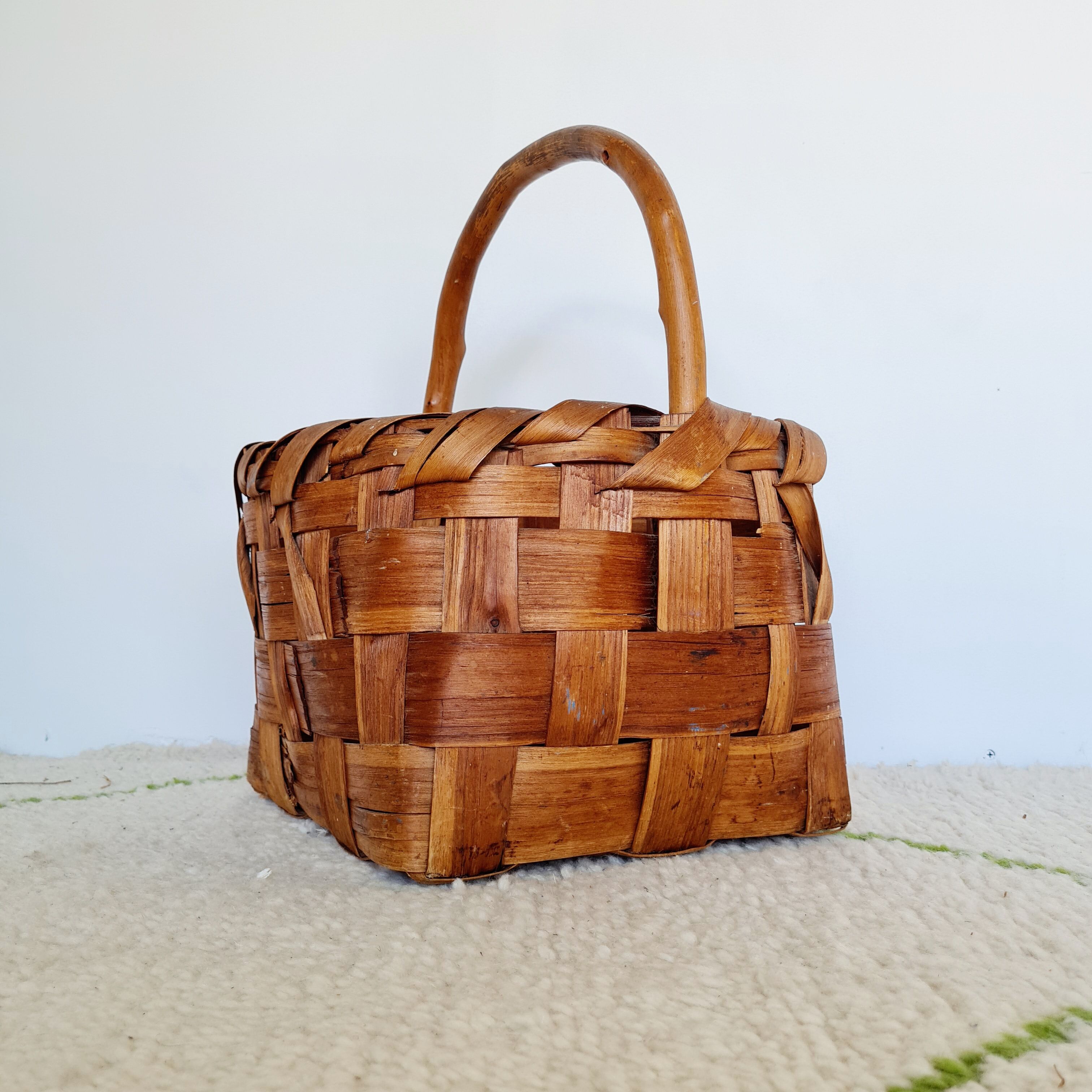 Old wood basket and natural fibers