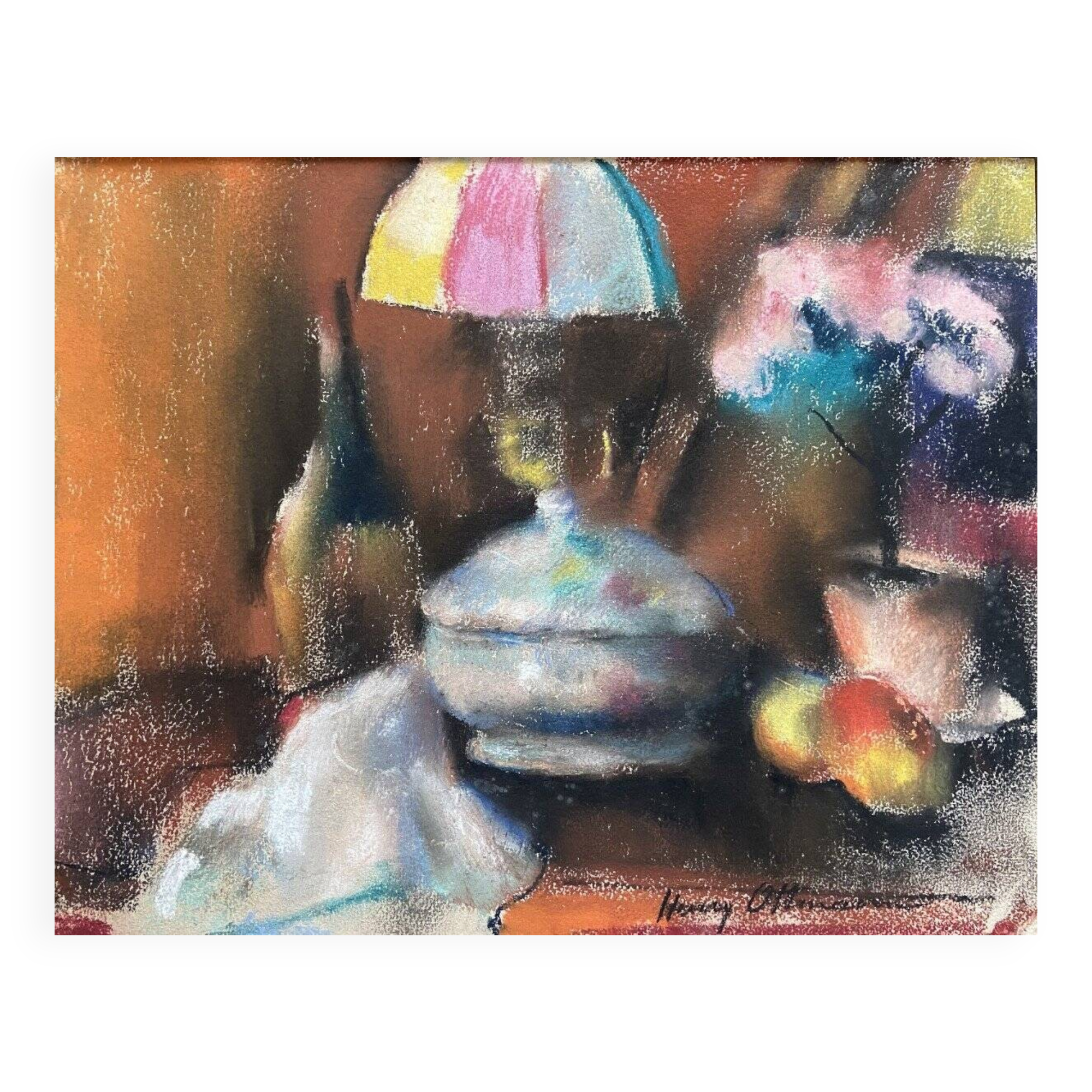 Still life with lamp, signed pastel
