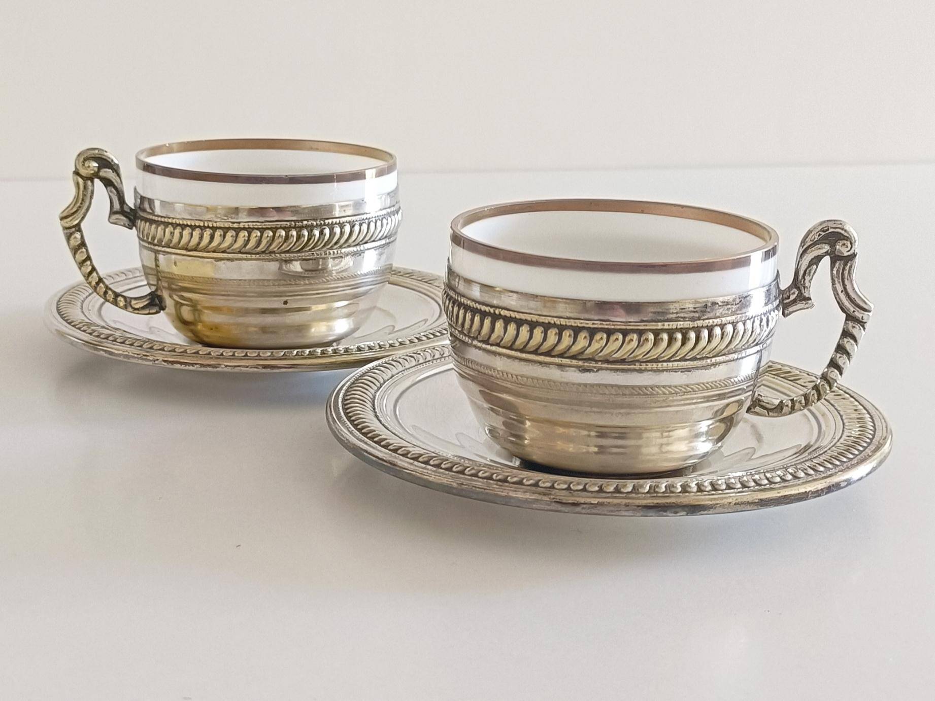 Victorian Alpaca Silver Tea or Coffee Pair of Cups and Plates, England 19th C.