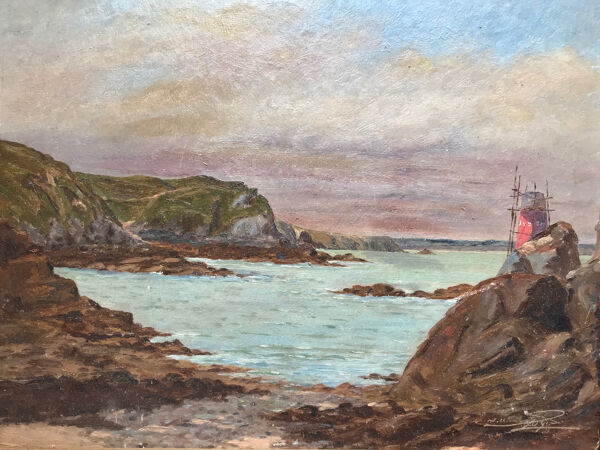 Huile sur carton ''Bord de mer'', École anglaise fin 19ème s.