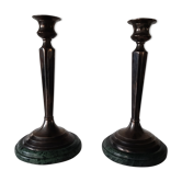Pair of candlesticks with sea green marble base in Art Deco style.