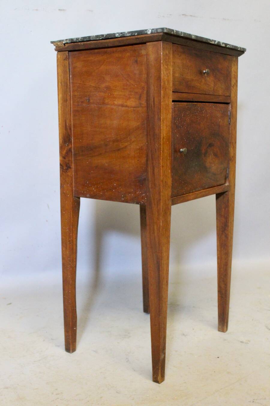 Directoire bedside table in walnut with marble top.