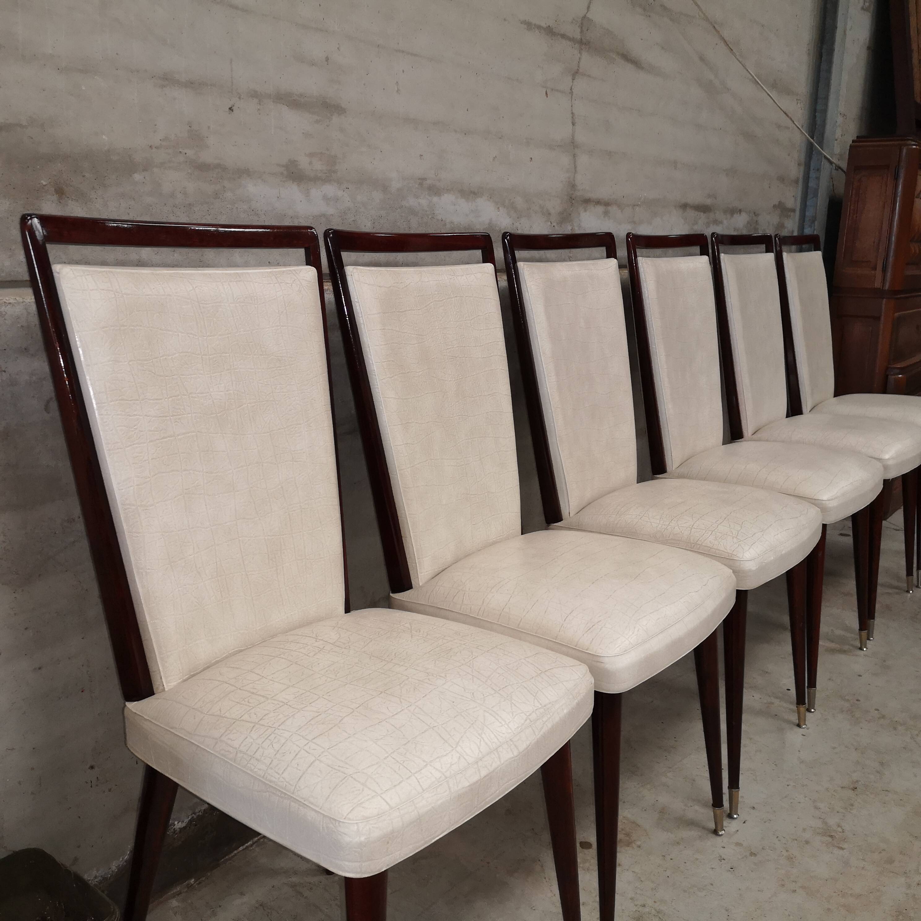 6 white leatherette and mahogany art deco style chairs, 1950