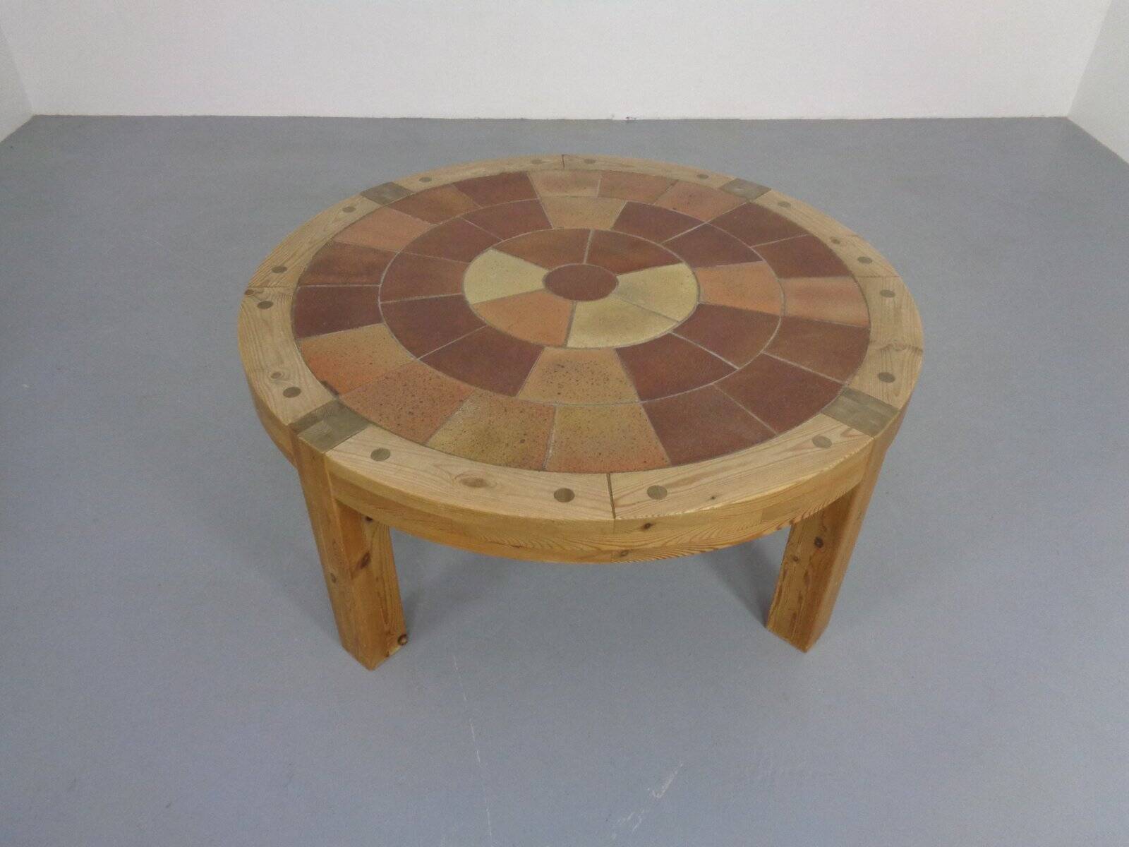 Large pine and ceramic coffee table by Lisbeth Sallingboe for Sallingboe, Denmark, 1970s.