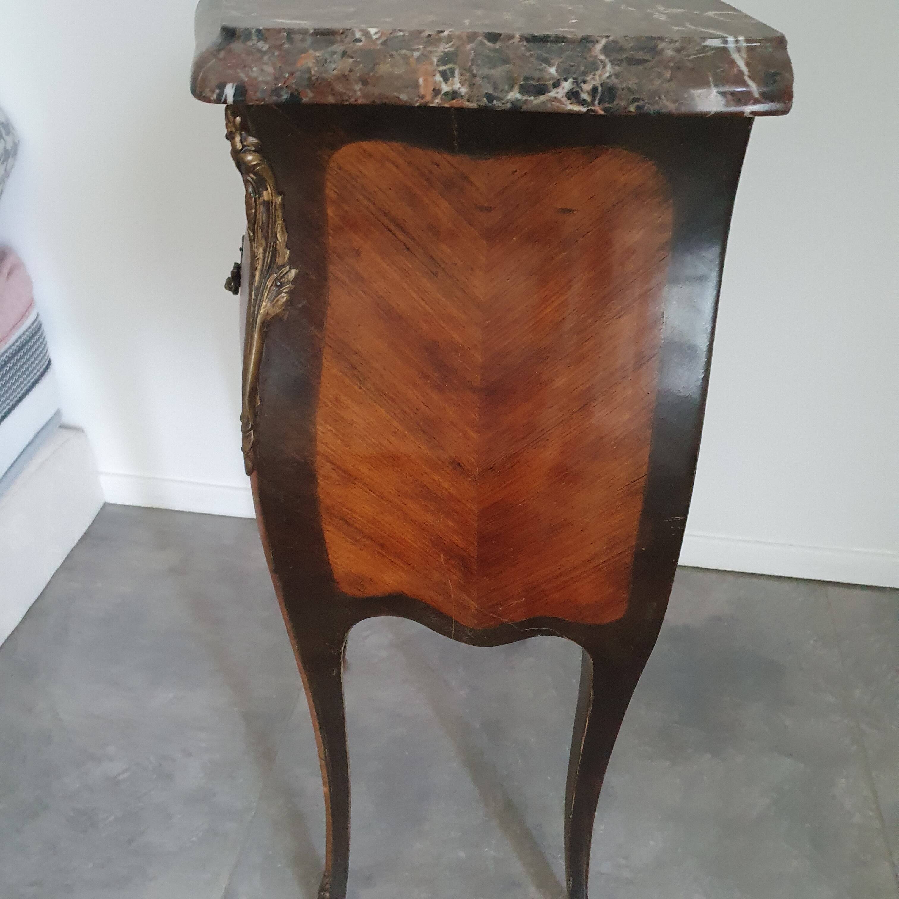 Antique marquetry bedside table, marble top