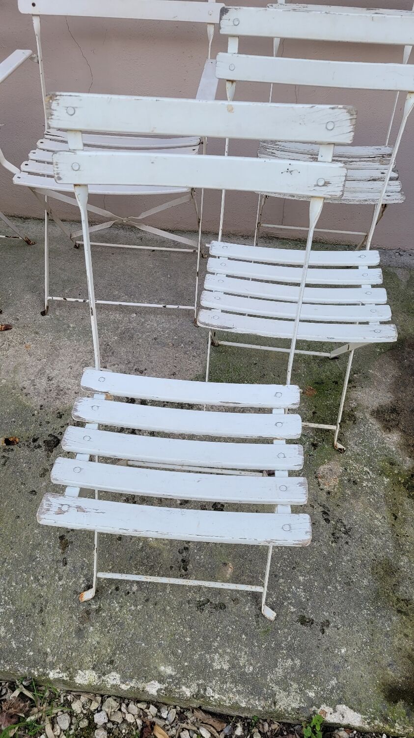 Series of 6 chairs and 1 folding armchair of iron garden bistro