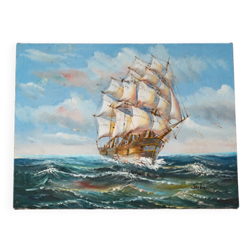 Tableau marine sur toile signé « Sartini » – Grand voilier en mer – 40 × 30 cm