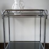 Vintage service with wheels in chrome tubes and 2 trays in gray smoked glass