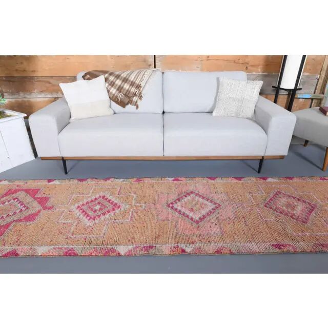 Vintage Turkish Hand-Knotted Wool Cotton Orange Runner Rug 83x355