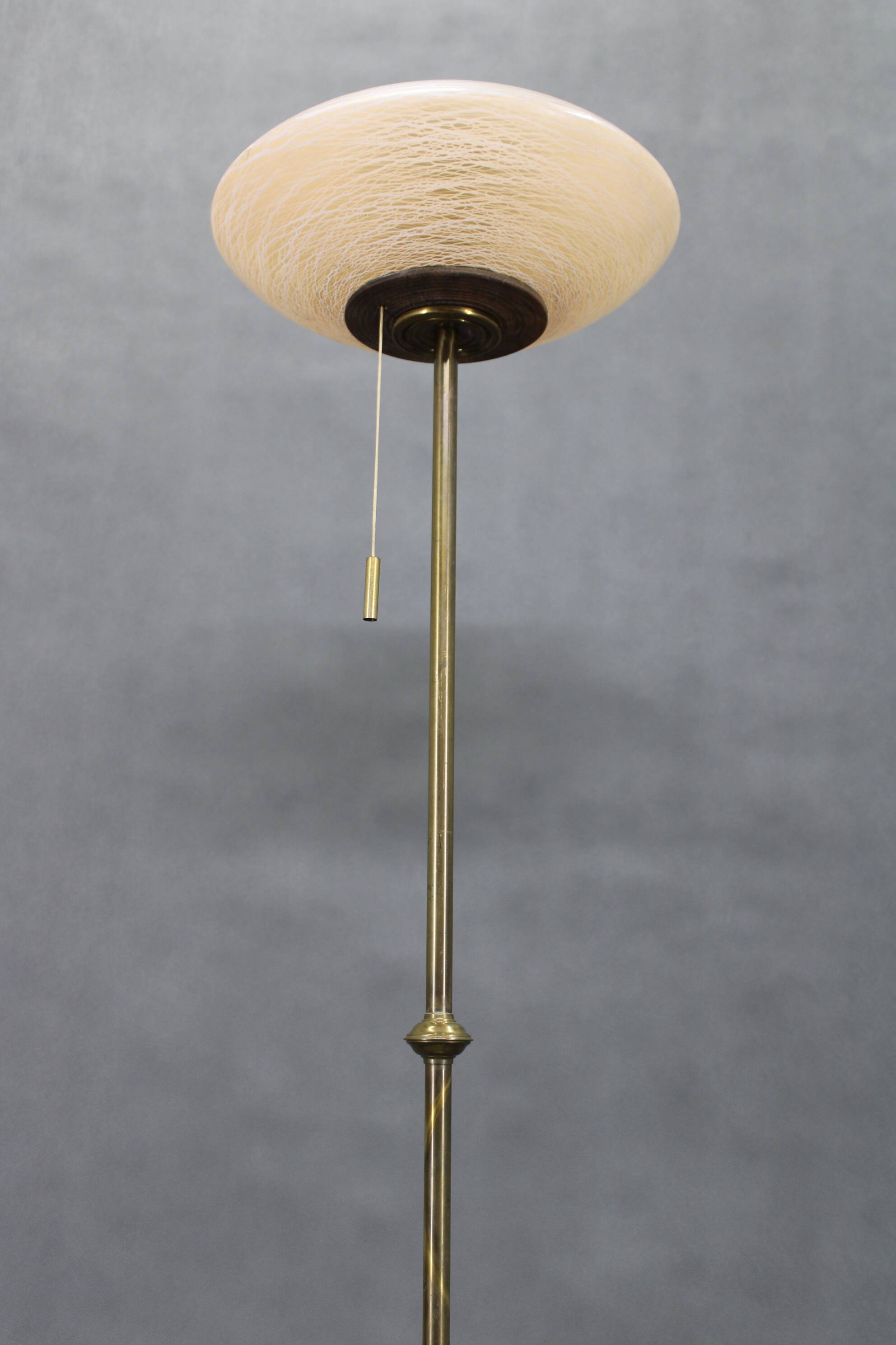 1940s Restored Brass Floor Lamp with  Glass Shade