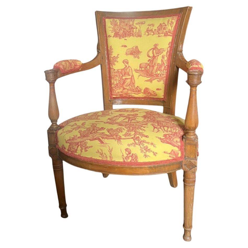 Louis XVI cabriolet armchair - Yellow and pinkish red Toile de Jouy - France