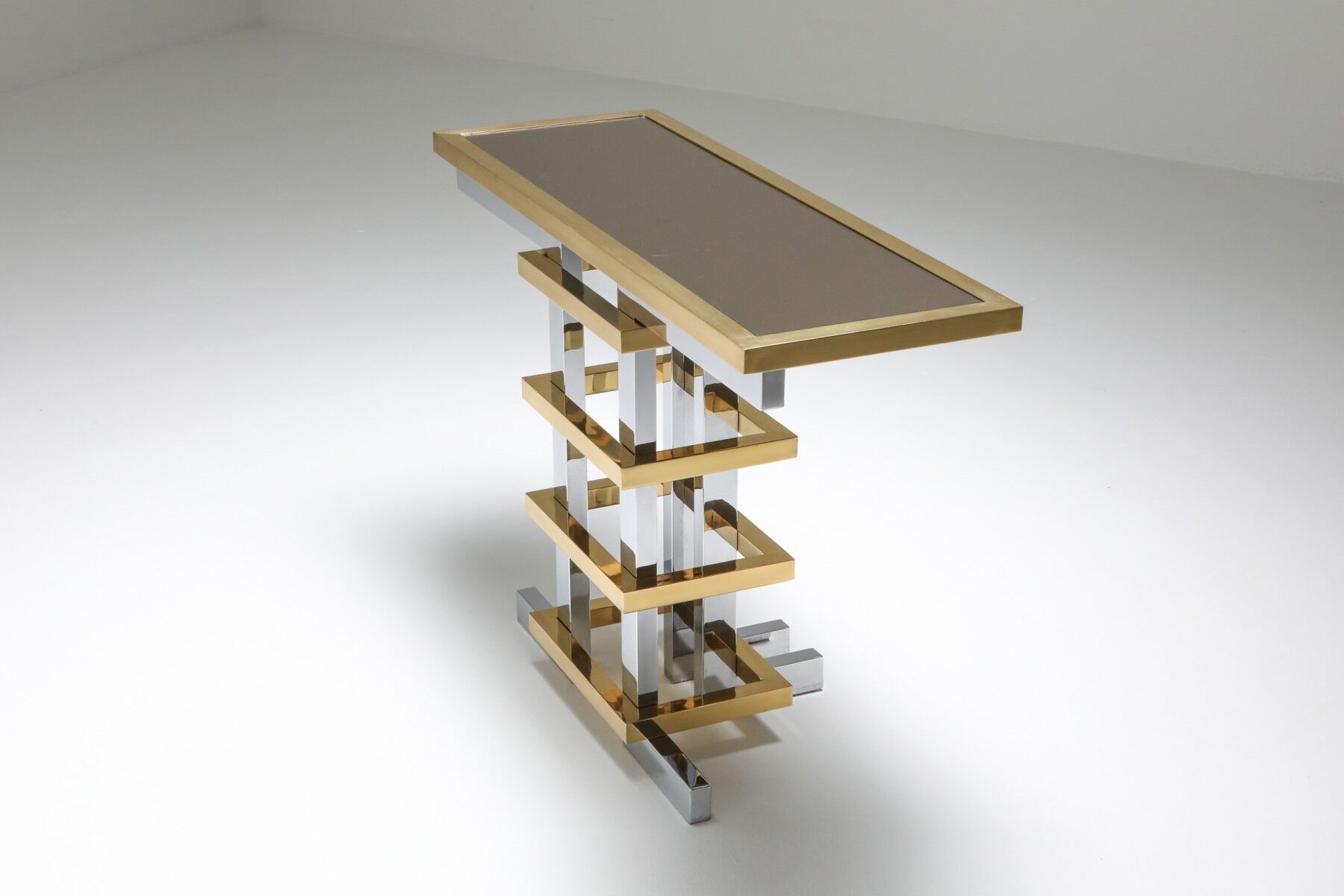 Brass and chrome console with 1970 Duchise glass tray