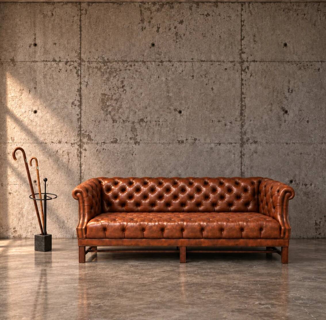 Chesterfield sofa / Brown cognac leather / Deep buttoned / 1980s
