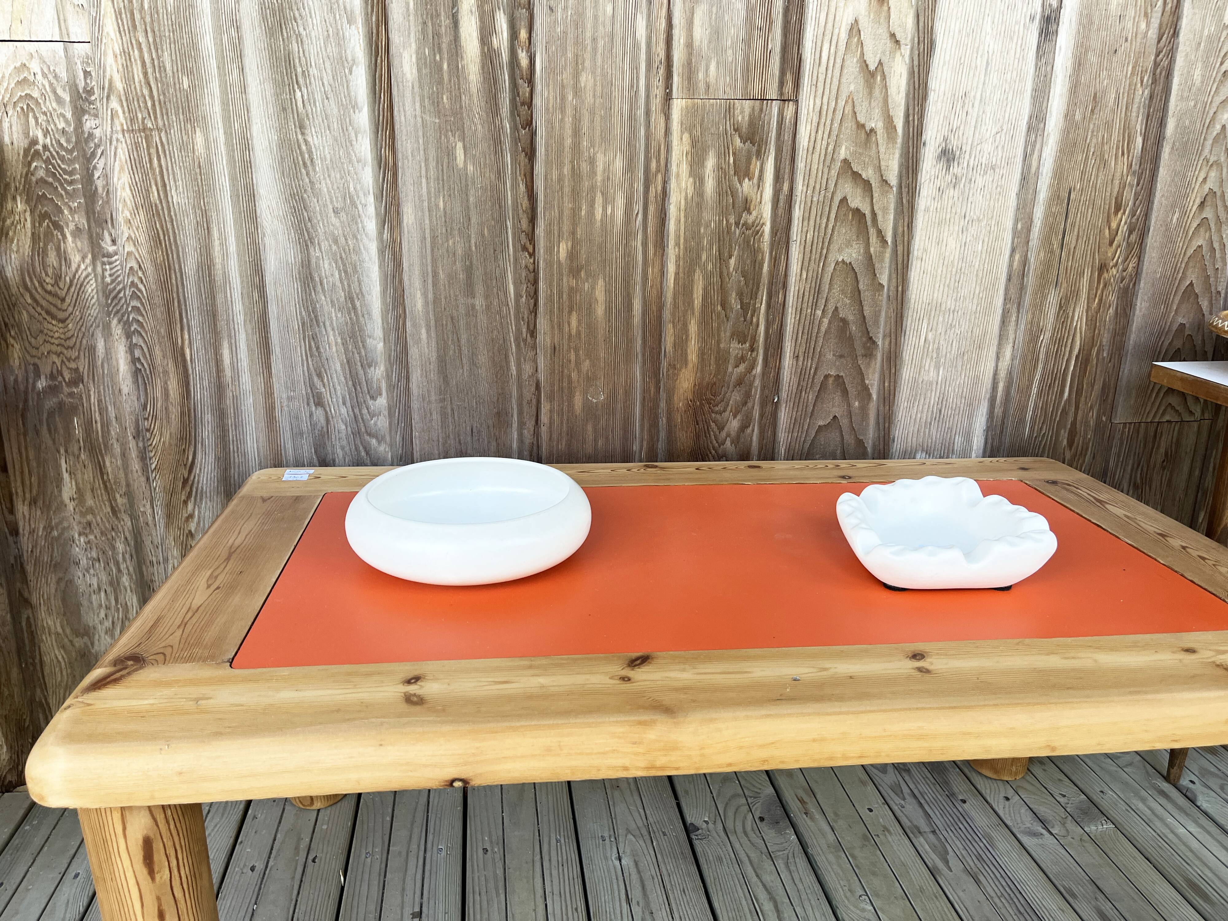 Modernist pine and orange lacquered coffee table, 1970s
