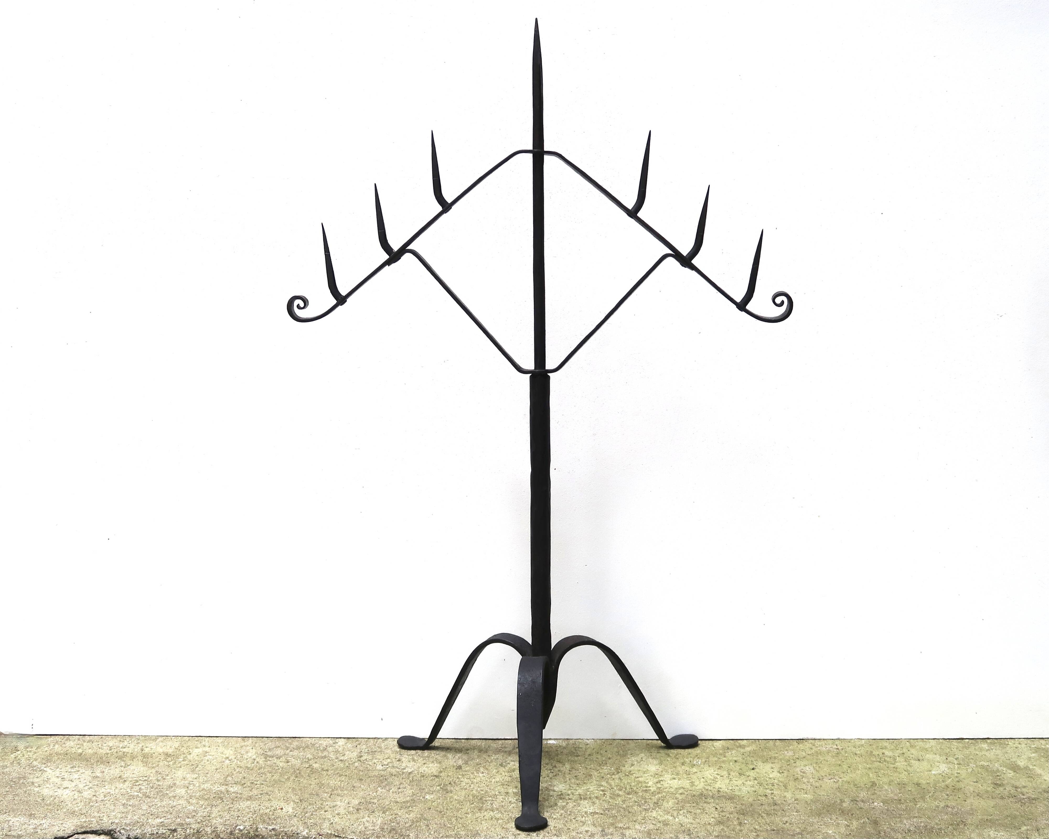 Large 7-arm wrought iron tripod candle holder, 1950s