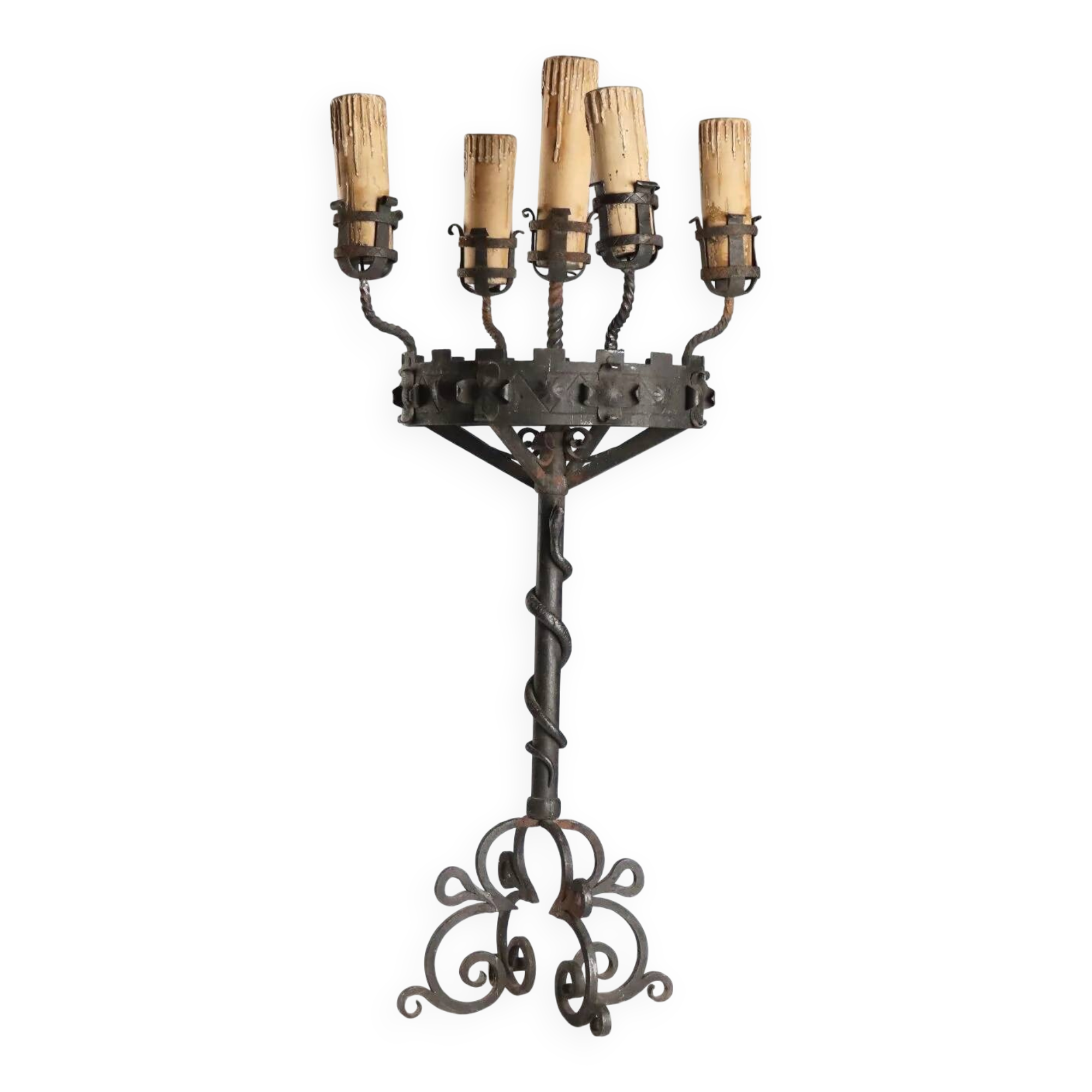 Wrought iron five-light torchère with twisted serpent - Italy late 19th century