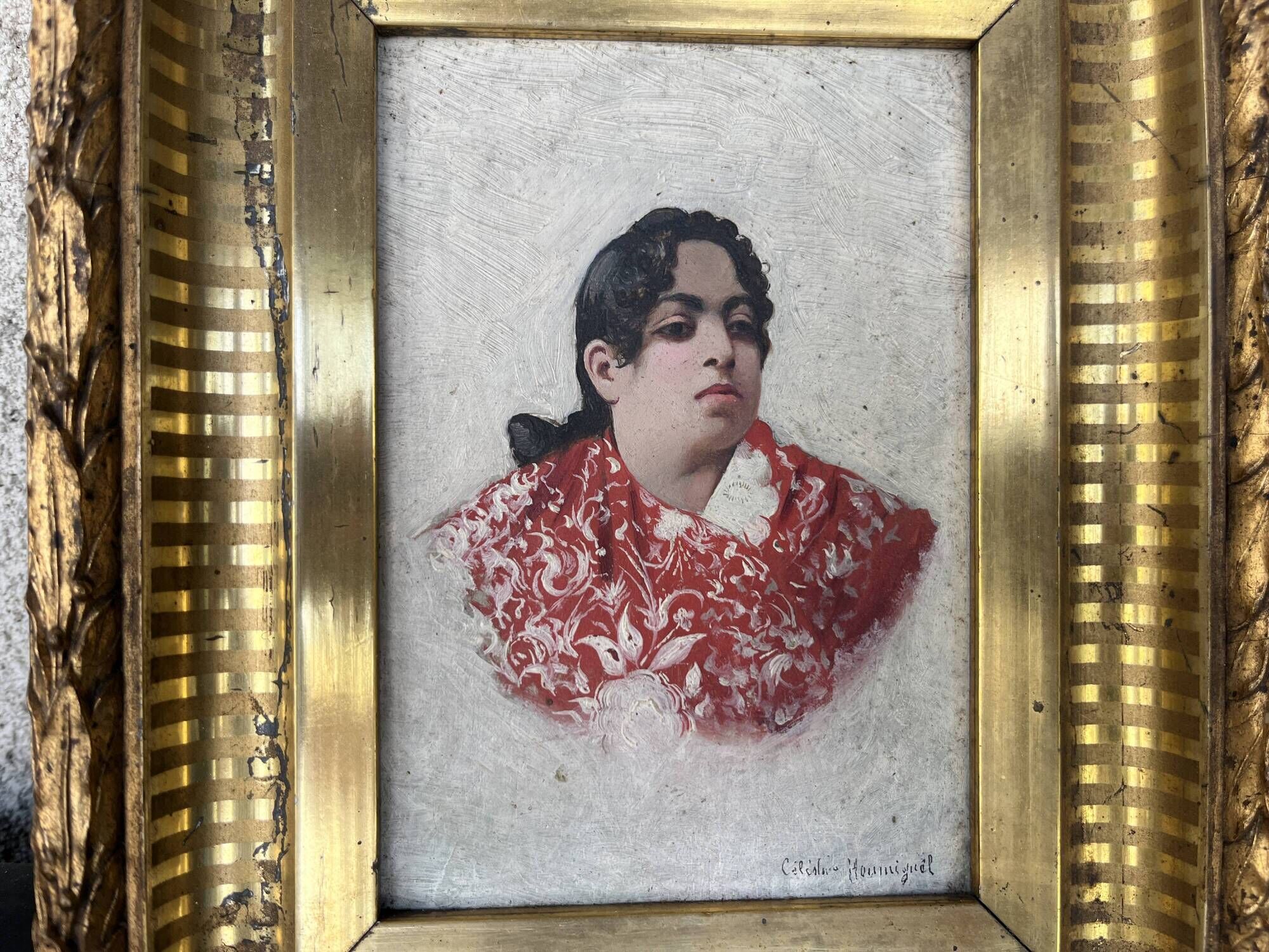 Old Table XIX Portrait of a Woman in Traditional Costume - Signed Célest