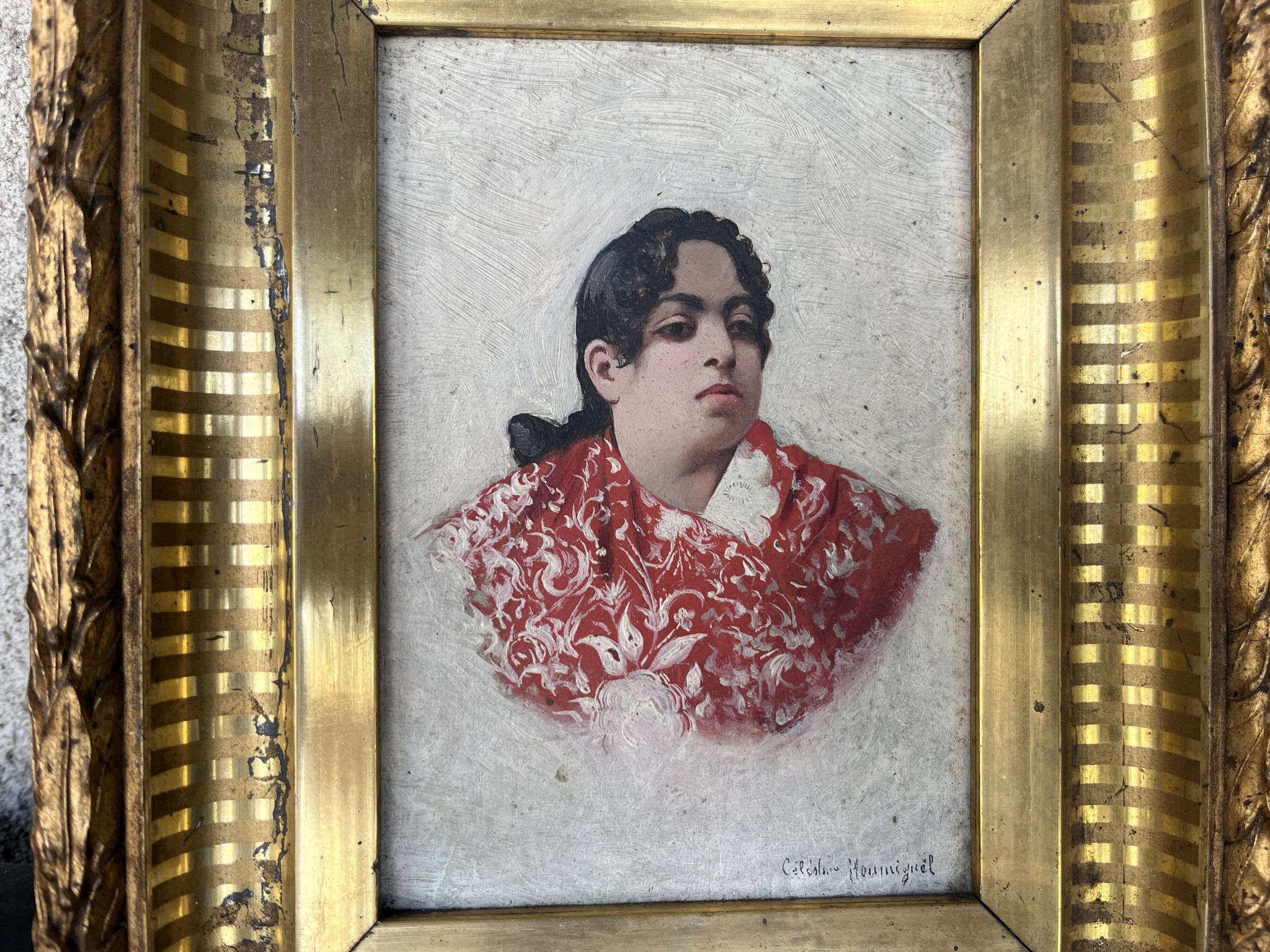 Old Table XIX Portrait of a Woman in Traditional Costume - Signed Célest
