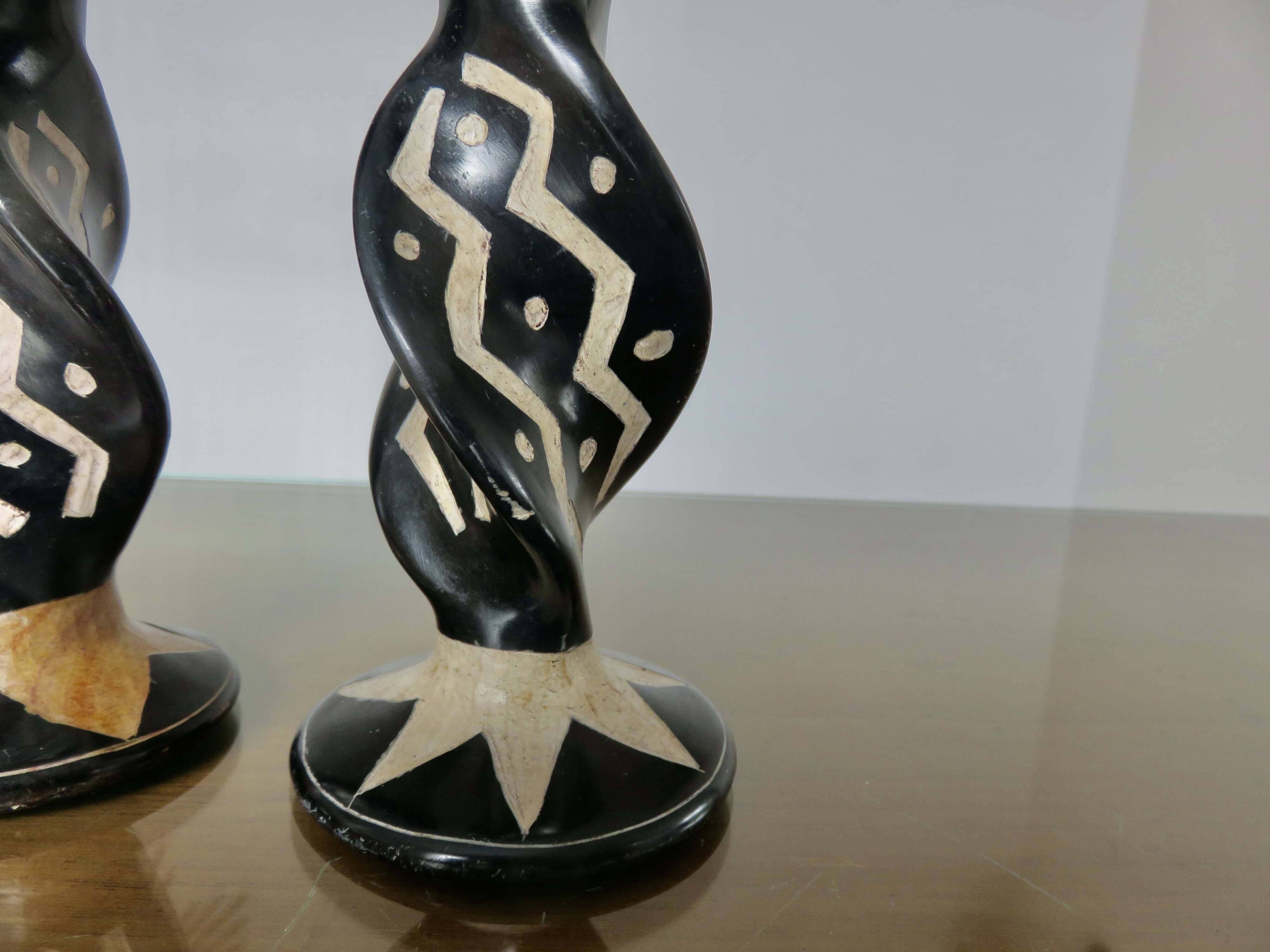 Pair of ethnic soapstone candlesticks, African craftsmanship 1980