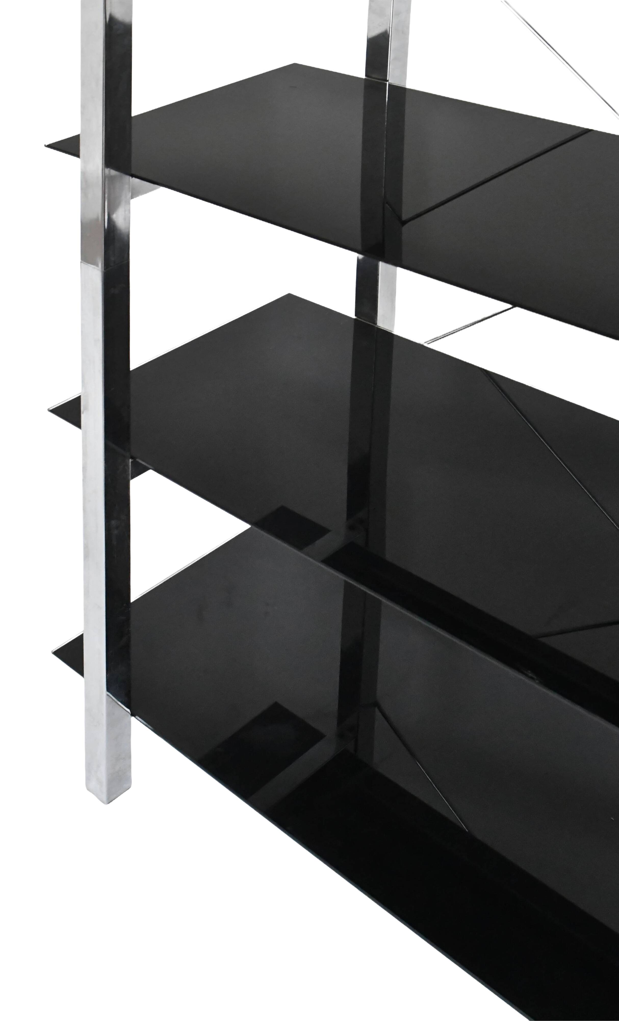 Chrome metal and black glass shelf with 5 levels.