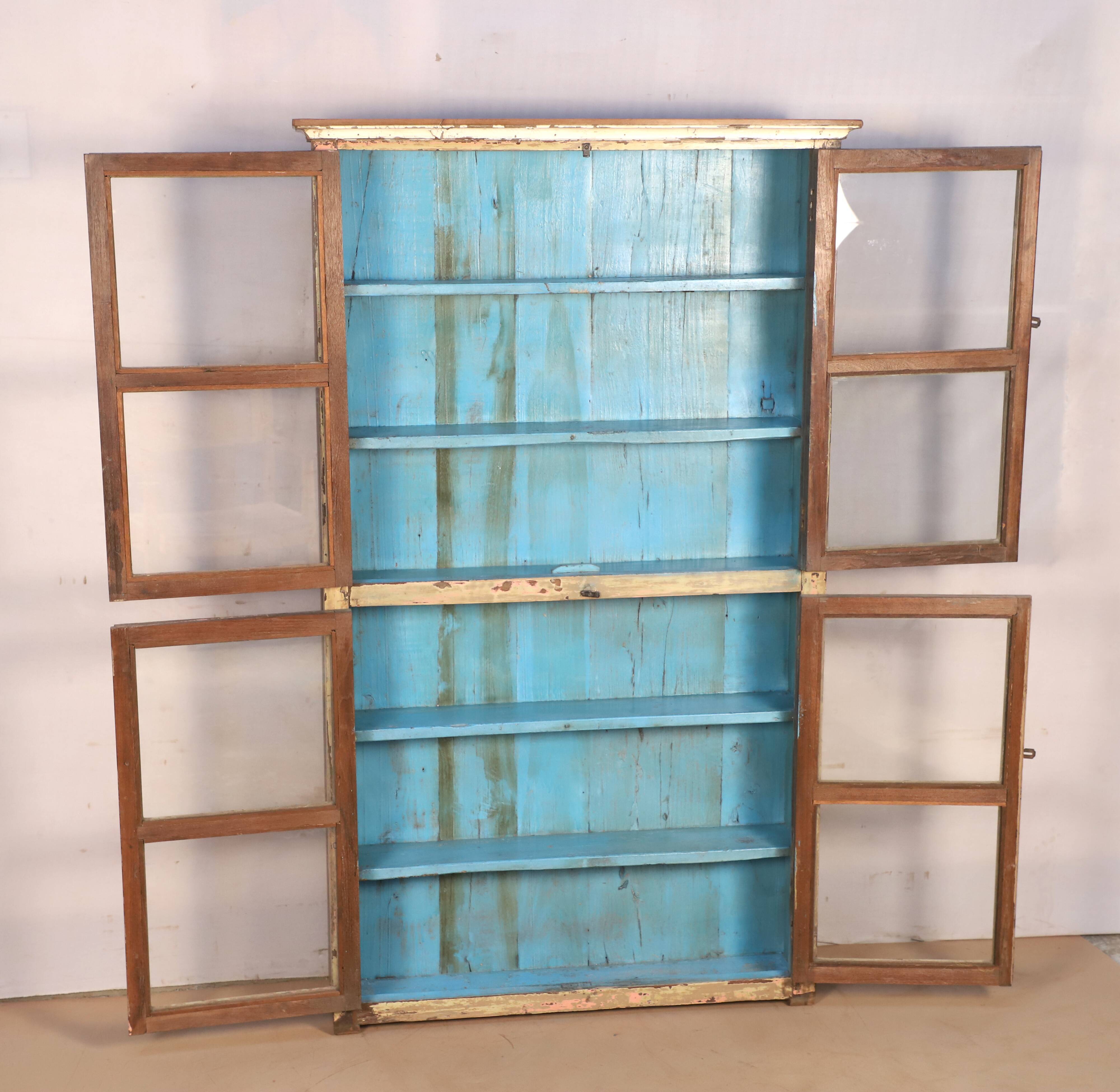 Burmese teak showcase with original beige & blue patina