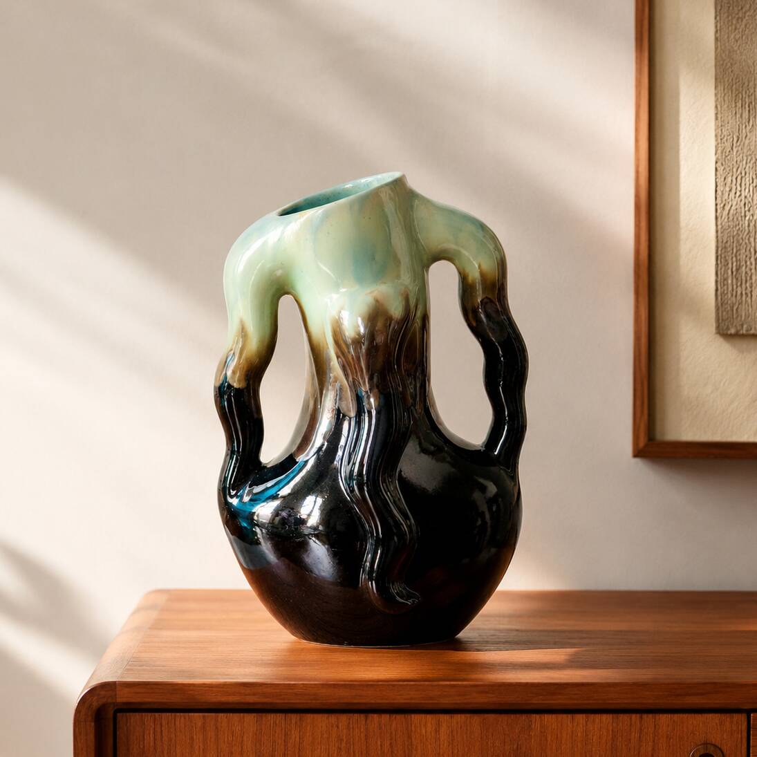 Rare ancient organic vase from Thulin in glazed flame pottery.