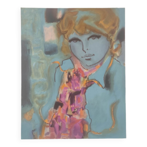 Femme bleue écharpe violette lithographie