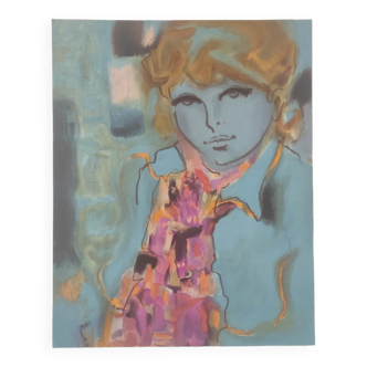 Blue woman purple scarf original hand-signed lithograph Robert Delval